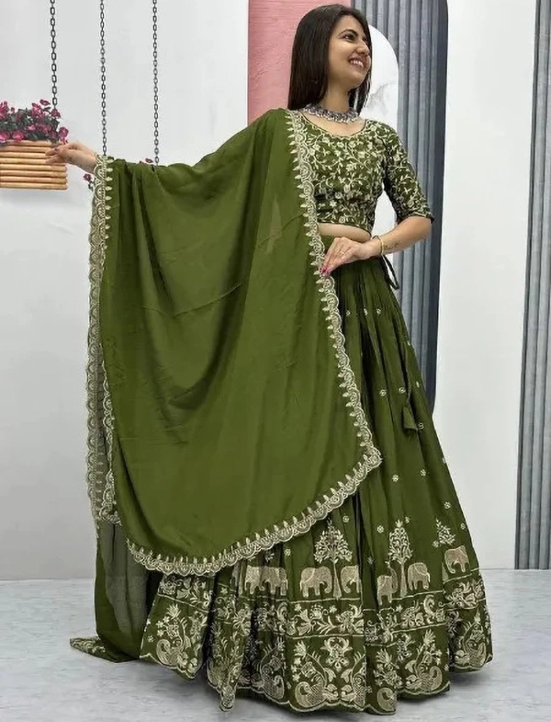 Embroidered self design semi stitched lehenga choli - Image 3