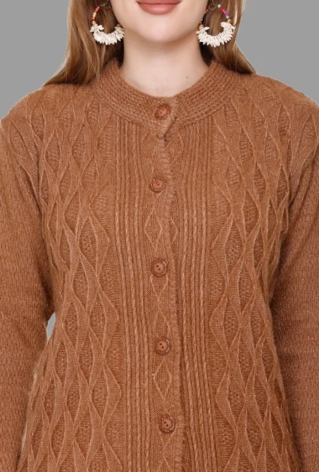 Women self design round neck brown sweater