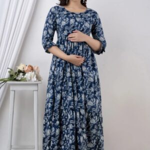 Women fit and flare blue ankle length dress