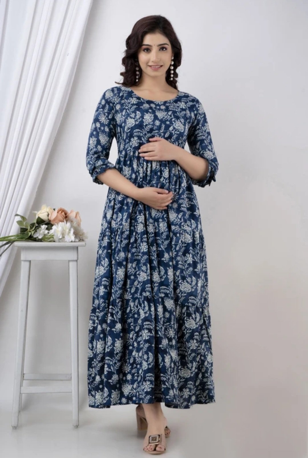 Women fit and flare blue ankle length dress