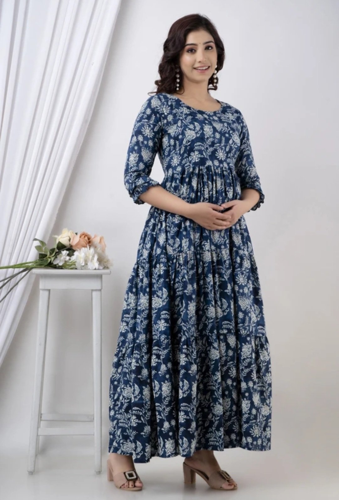 Women fit and flare blue ankle length dress - Image 3