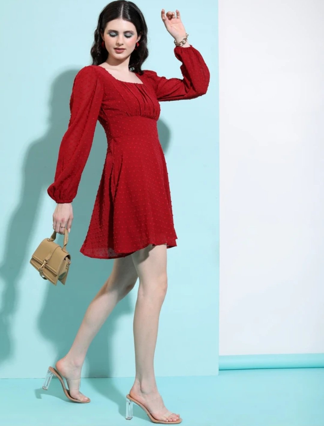 Women ribbed maroon anove knee dress - Image 4