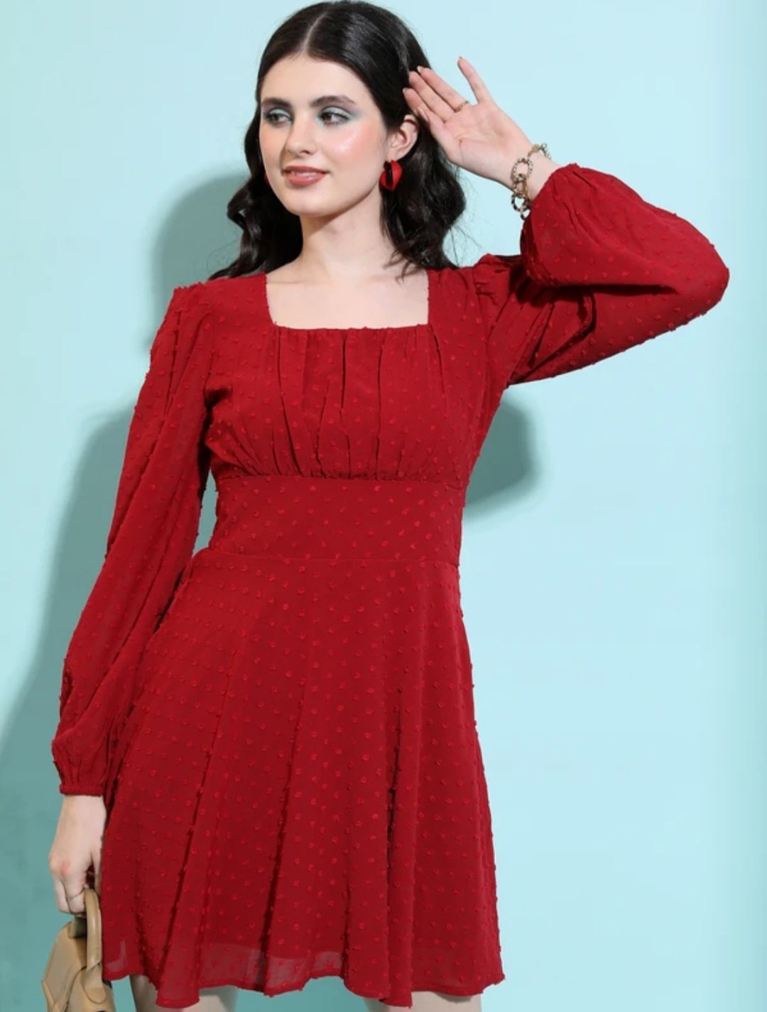 Women ribbed maroon anove knee dress - Image 3