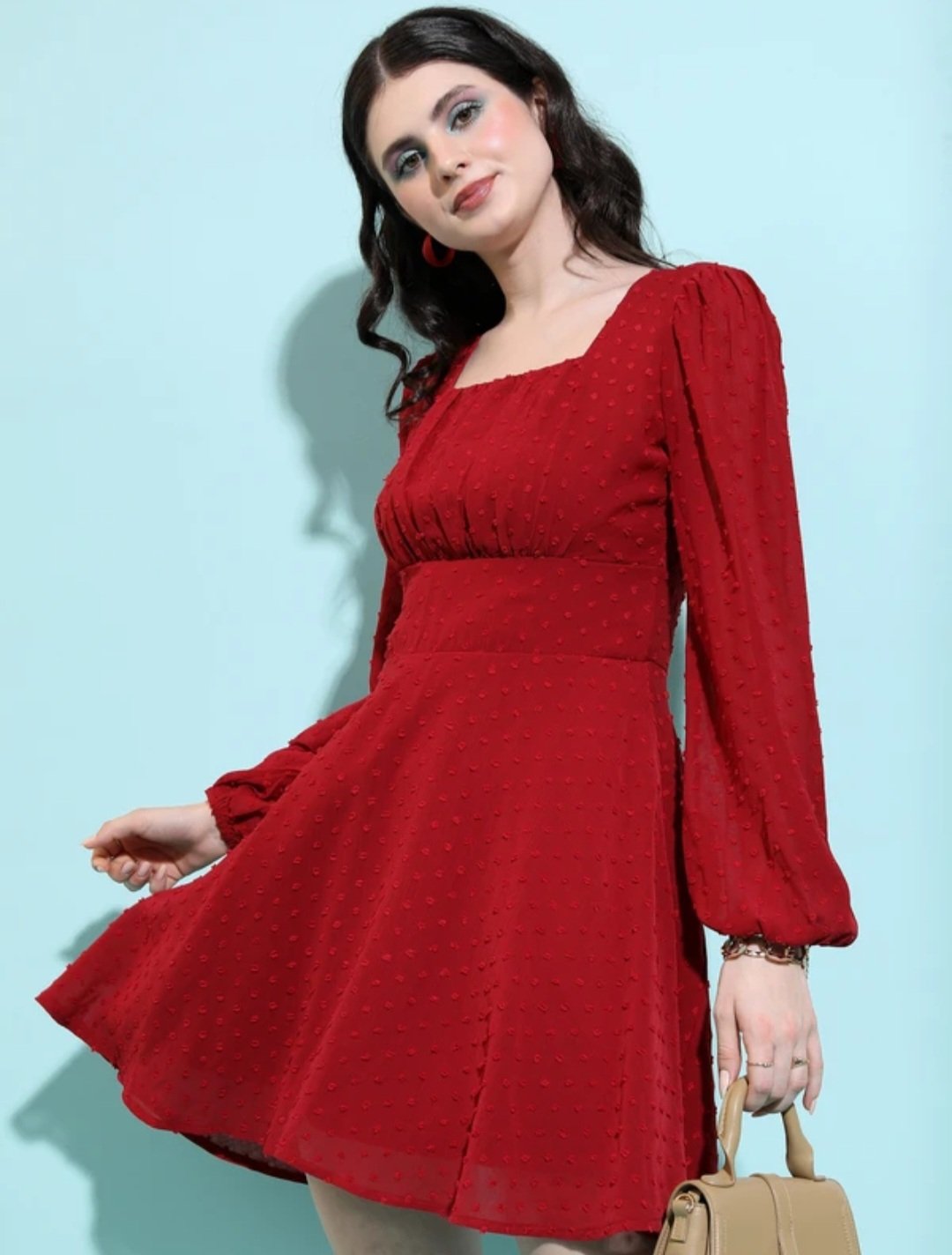 Women ribbed maroon anove knee dress - Image 5
