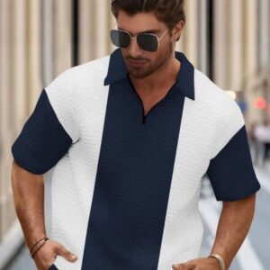 Men colorblock polo neck polyester Dark blue white  t shirt
