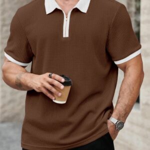 Men self design polo neck polyester brown white t shirt