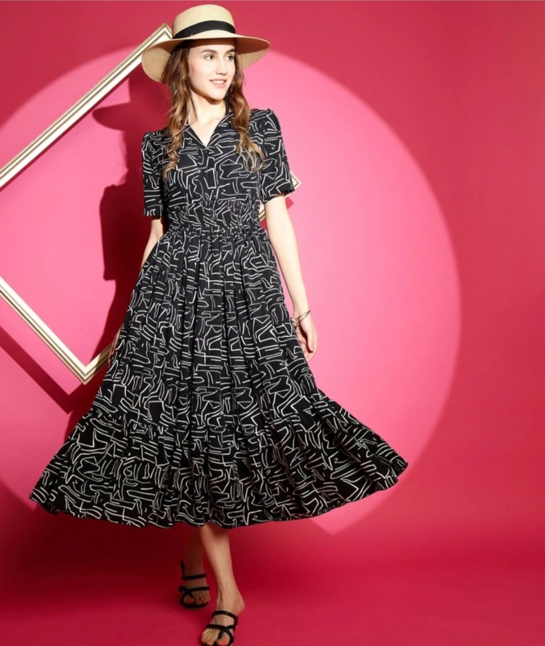 Women fit and flare black white midi calf lenth dress - Image 3