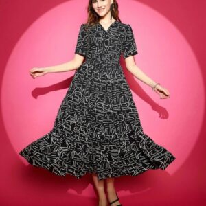 Women fit and flare black white midi calf  lenth dress
