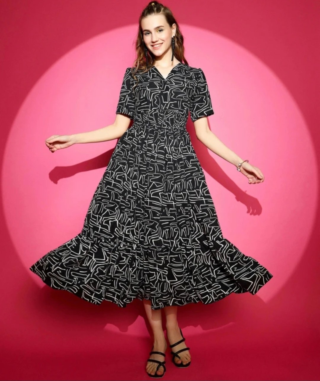 Women fit and flare black white midi calf lenth dress