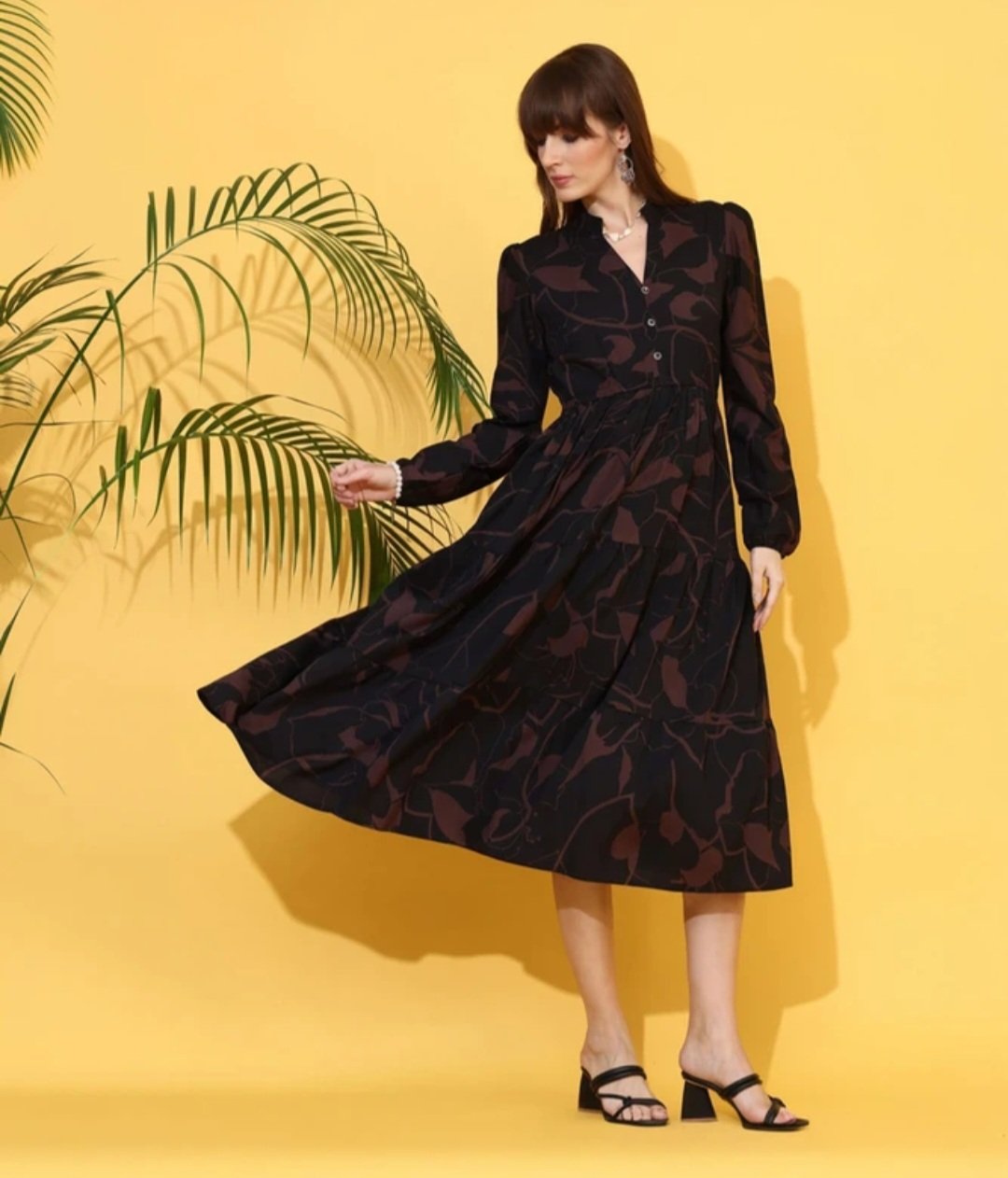 Women fit and flare brown black below knee dress - Image 5