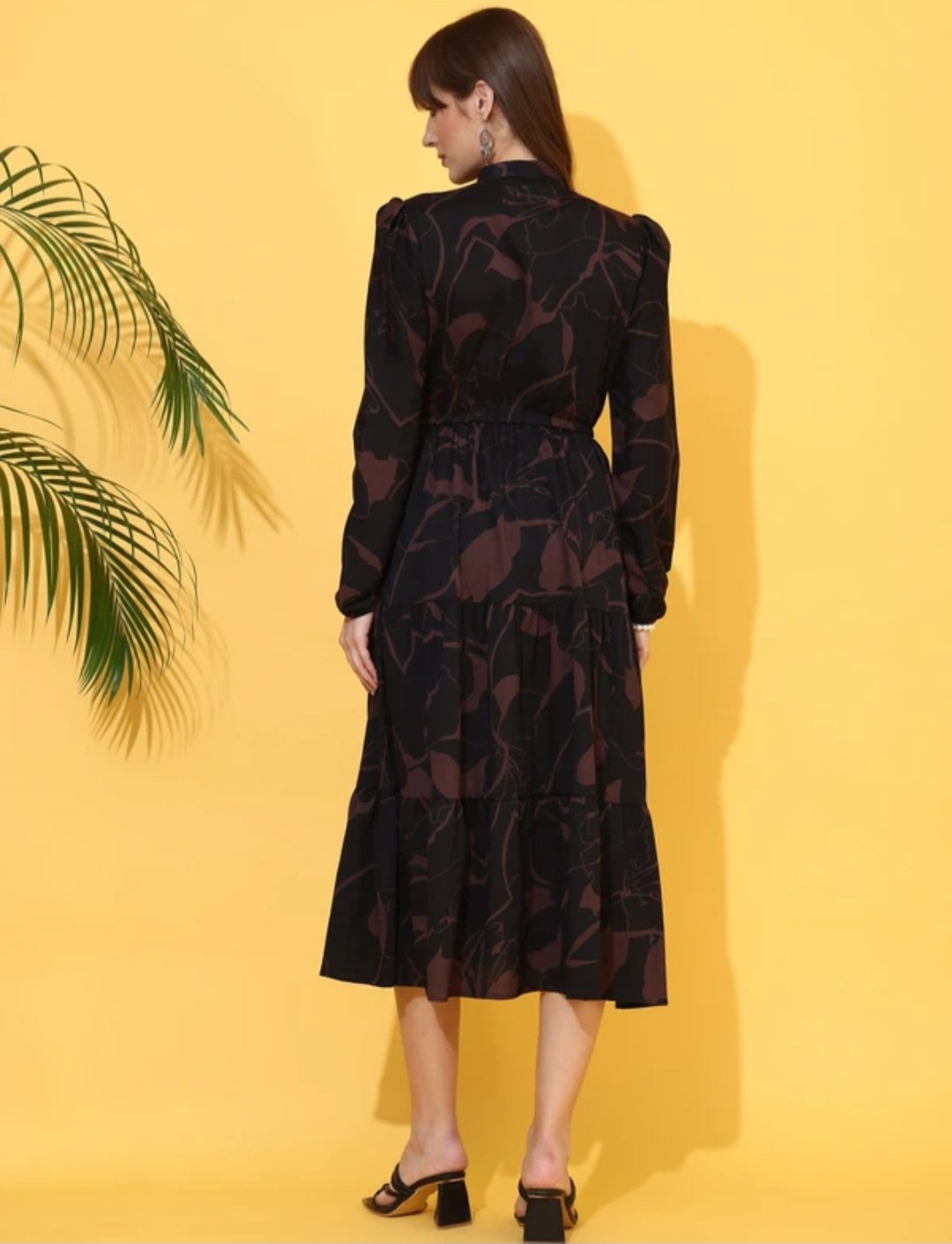 Women fit and flare brown black below knee dress - Image 4