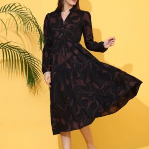 Women fit and flare brown black below knee dress