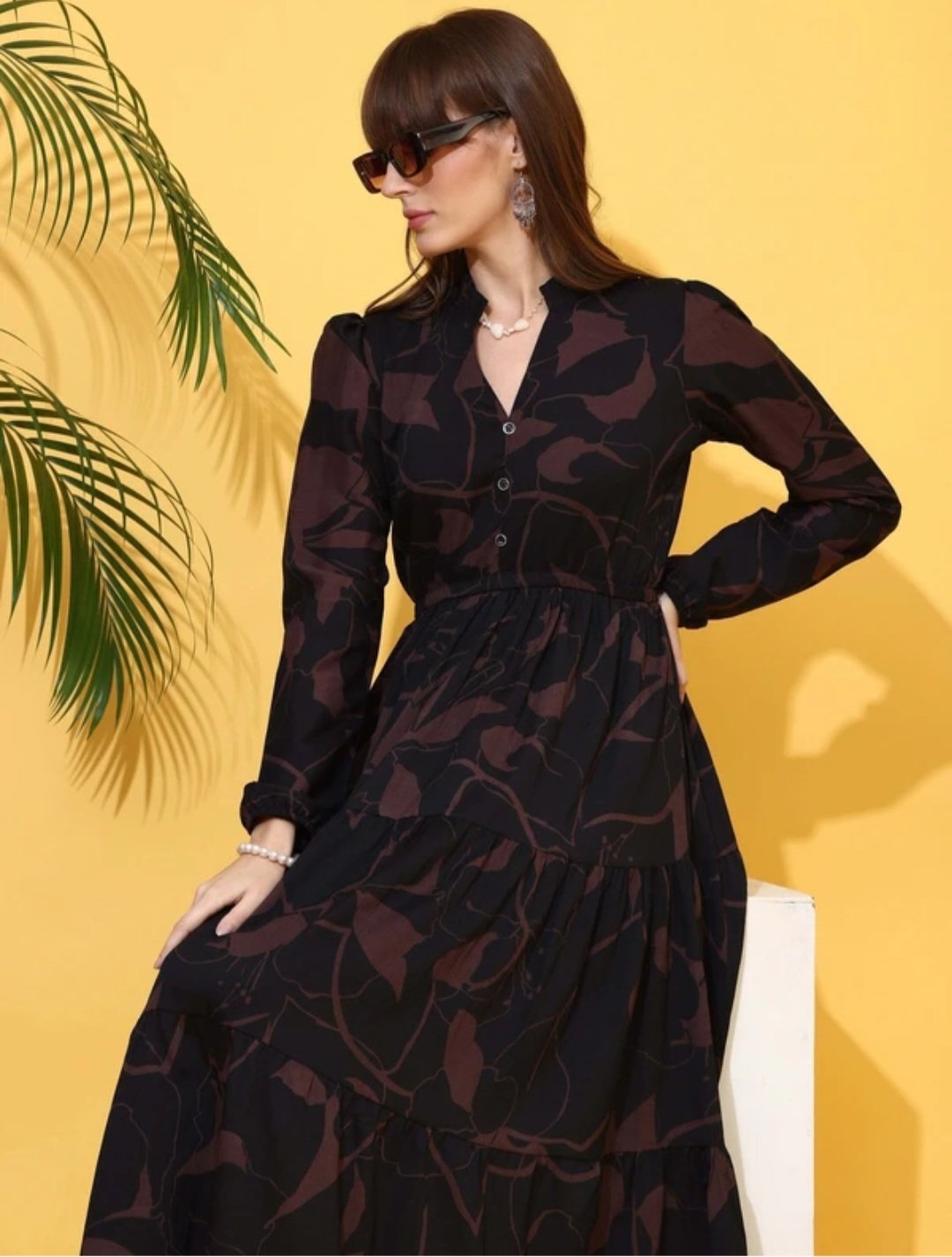 Women fit and flare brown black below knee dress - Image 3