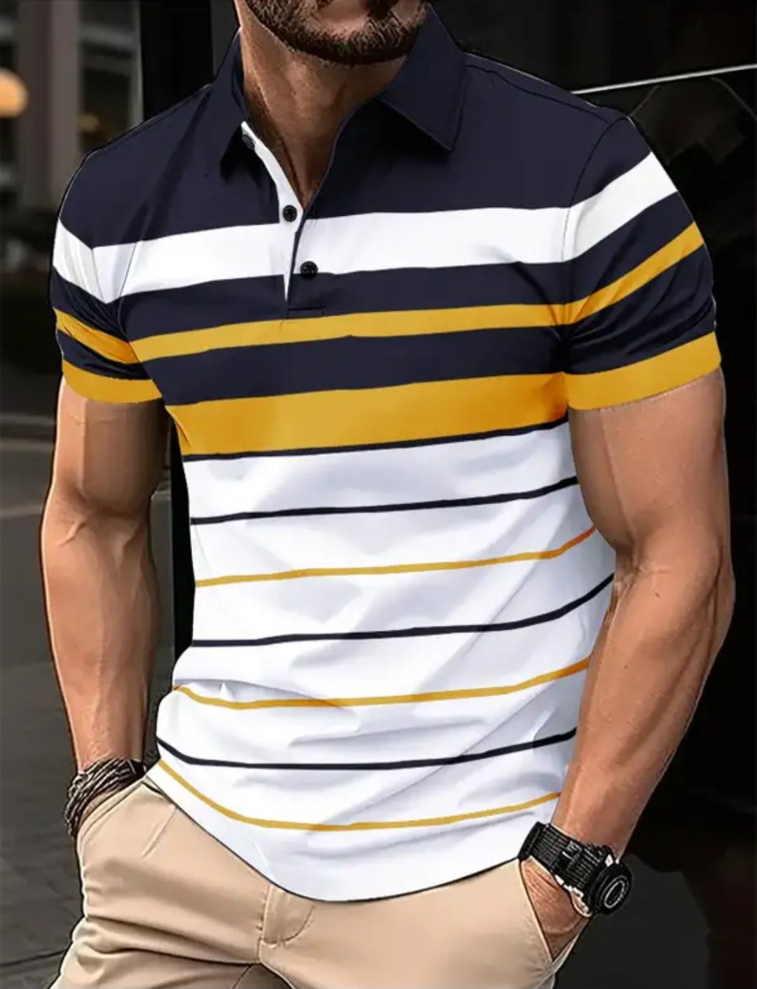 Men self design striped polo neck cotton blend T shirt