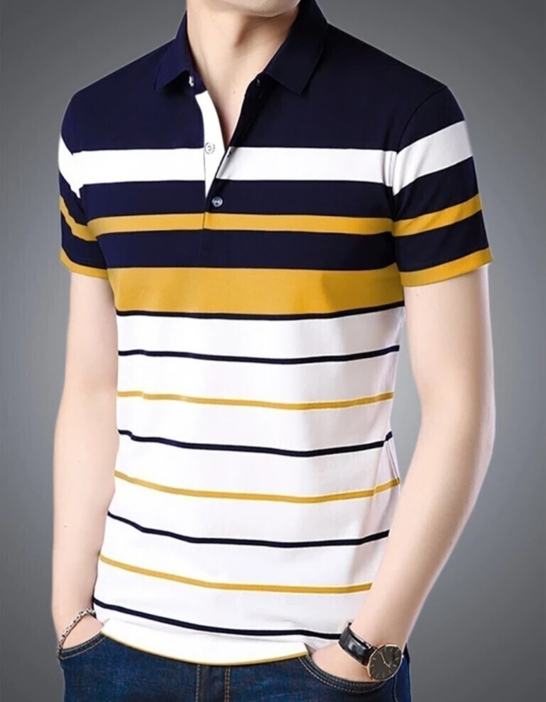 Men self design striped polo neck cotton blend T shirt - Image 3