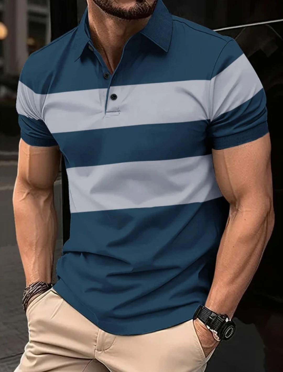 Men colorblock polo neck polyester blue T-shirt