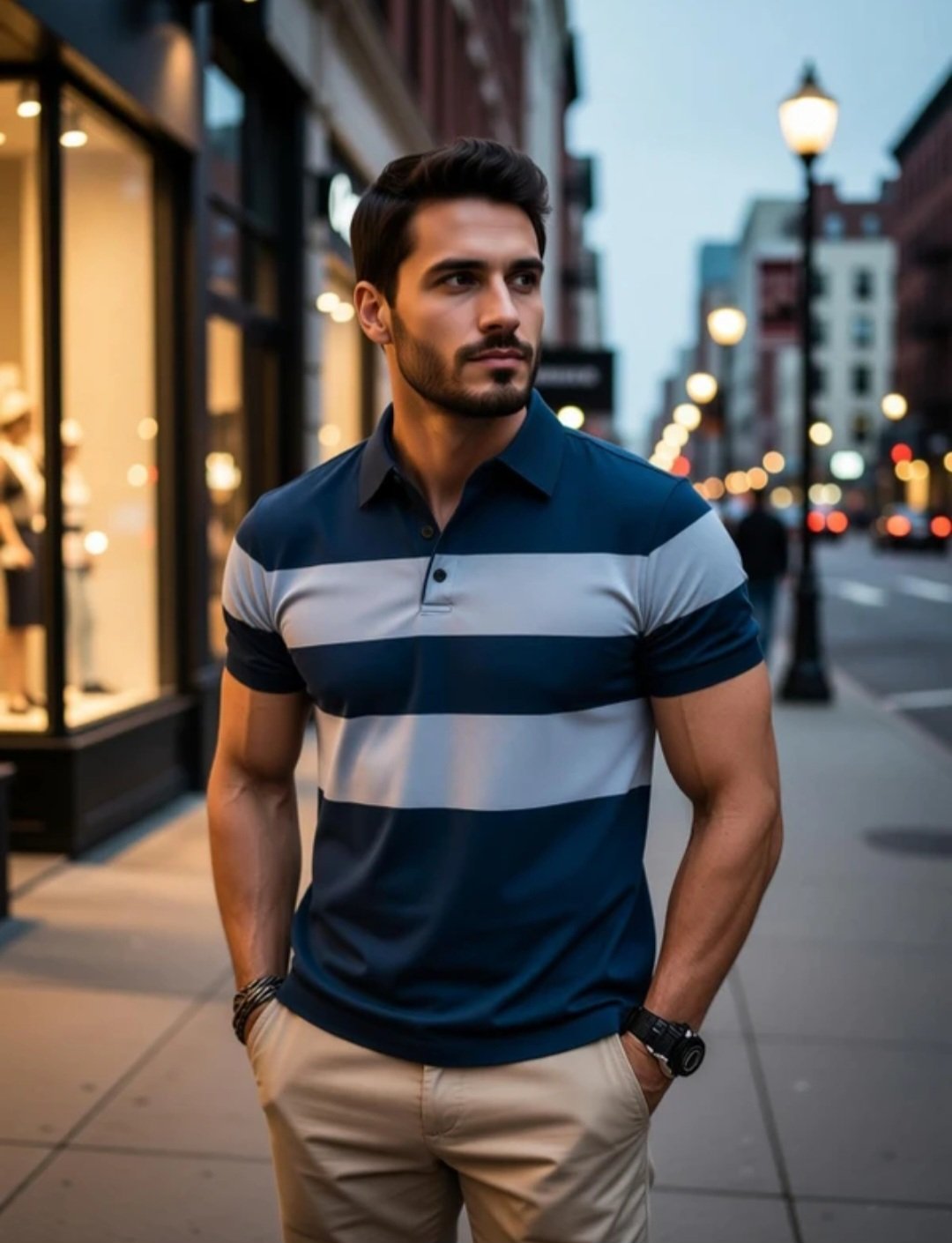 Men colorblock polo neck polyester blue T-shirt - Image 5