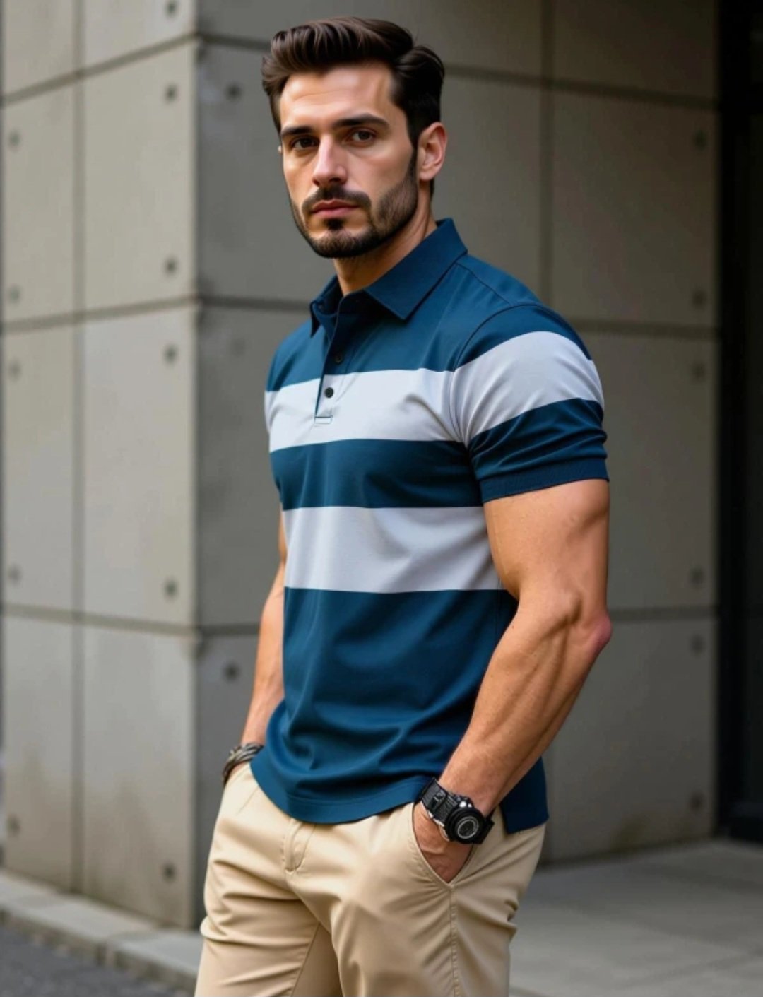 Men colorblock polo neck polyester blue T-shirt - Image 3