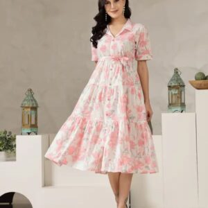 Women fit and flare pink midi calf lenth dress