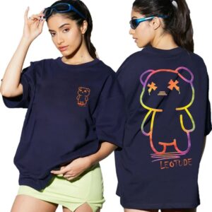 Women printed round neck cotton blend navh blue t shirt